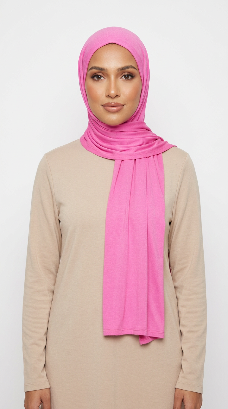 Woman wearing the Rose Pink Big Jersey Hijab with a beige top