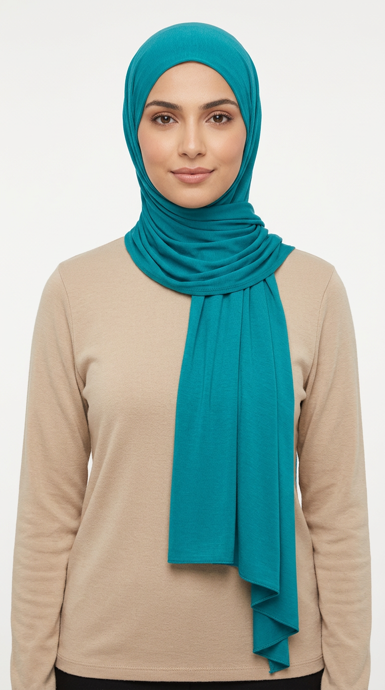 Model wearing a teal Premium Jersey Hijab