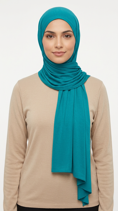Model wearing a teal Premium Jersey Hijab