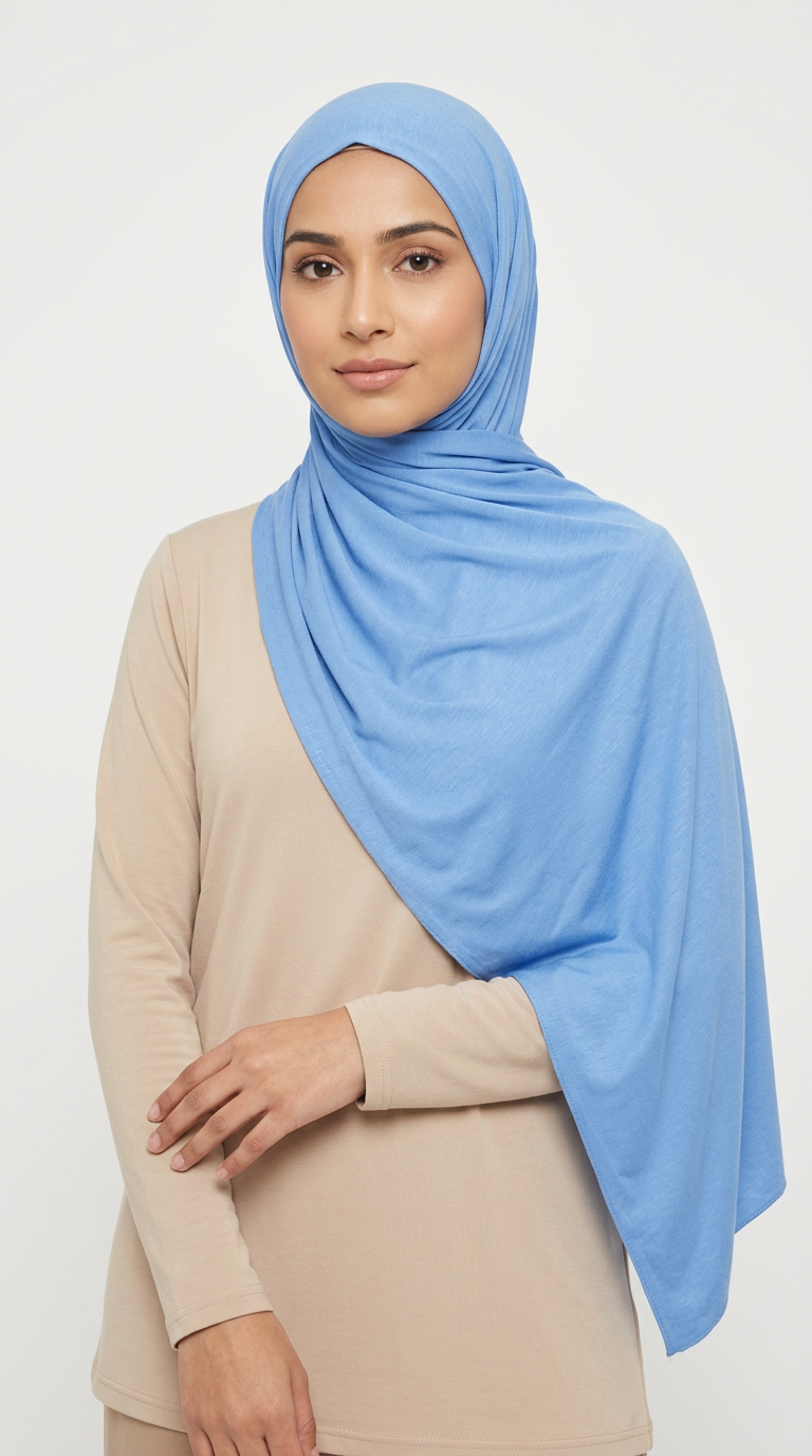 Woman wearing the Sky Blue Big Jersey Hijab with a beige top
