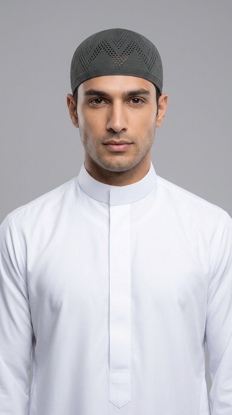 Man wearing a Tea gray topi prayer cap, front view