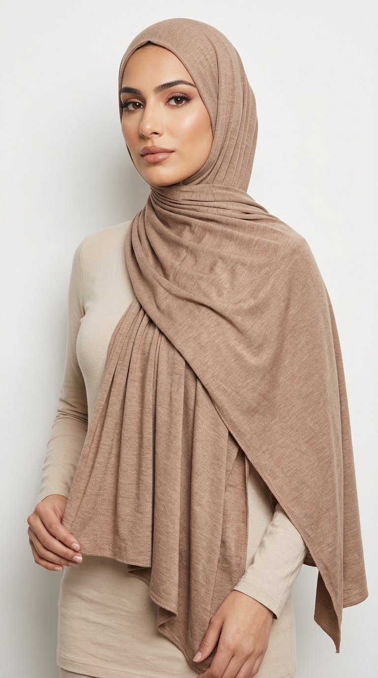 Woman wearing the Tortilla Big Jersey Hijab with a beige top