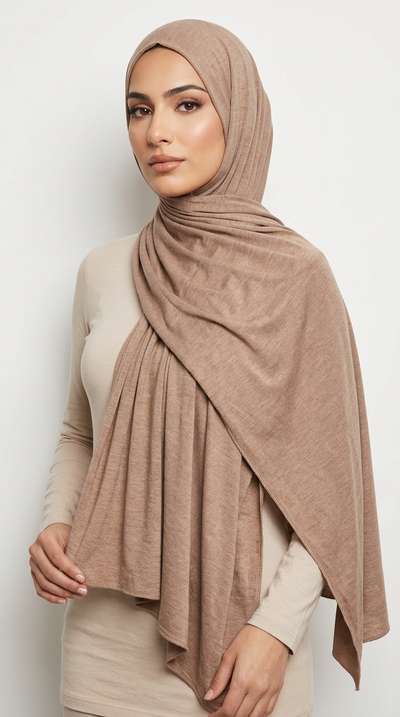 Woman wearing the Tortilla Big Jersey Hijab with a beige top