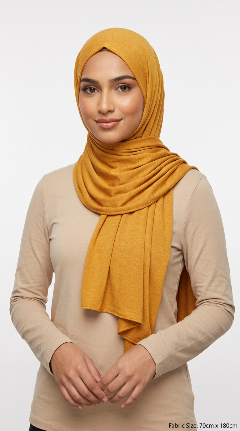 Model wearing a mustard yellow Premium Jersey Hijab