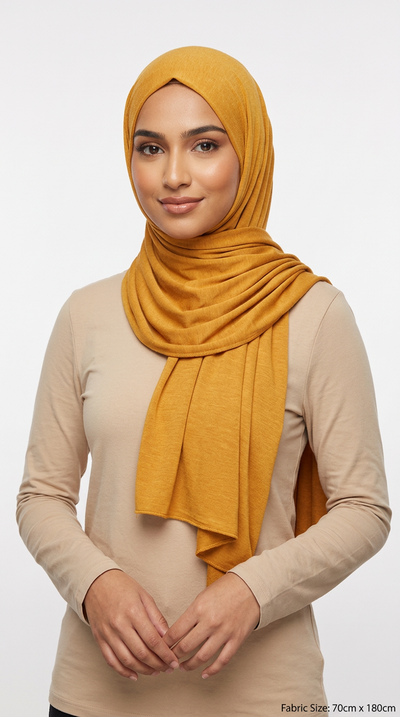 Model wearing a mustard yellow Premium Jersey Hijab