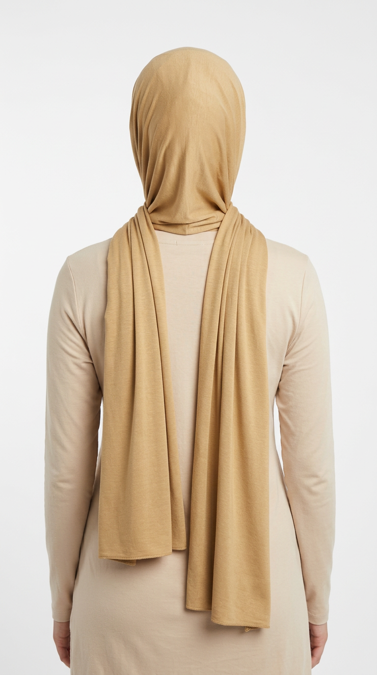 Model wearing a sand Premium Jersey Hijab, back view