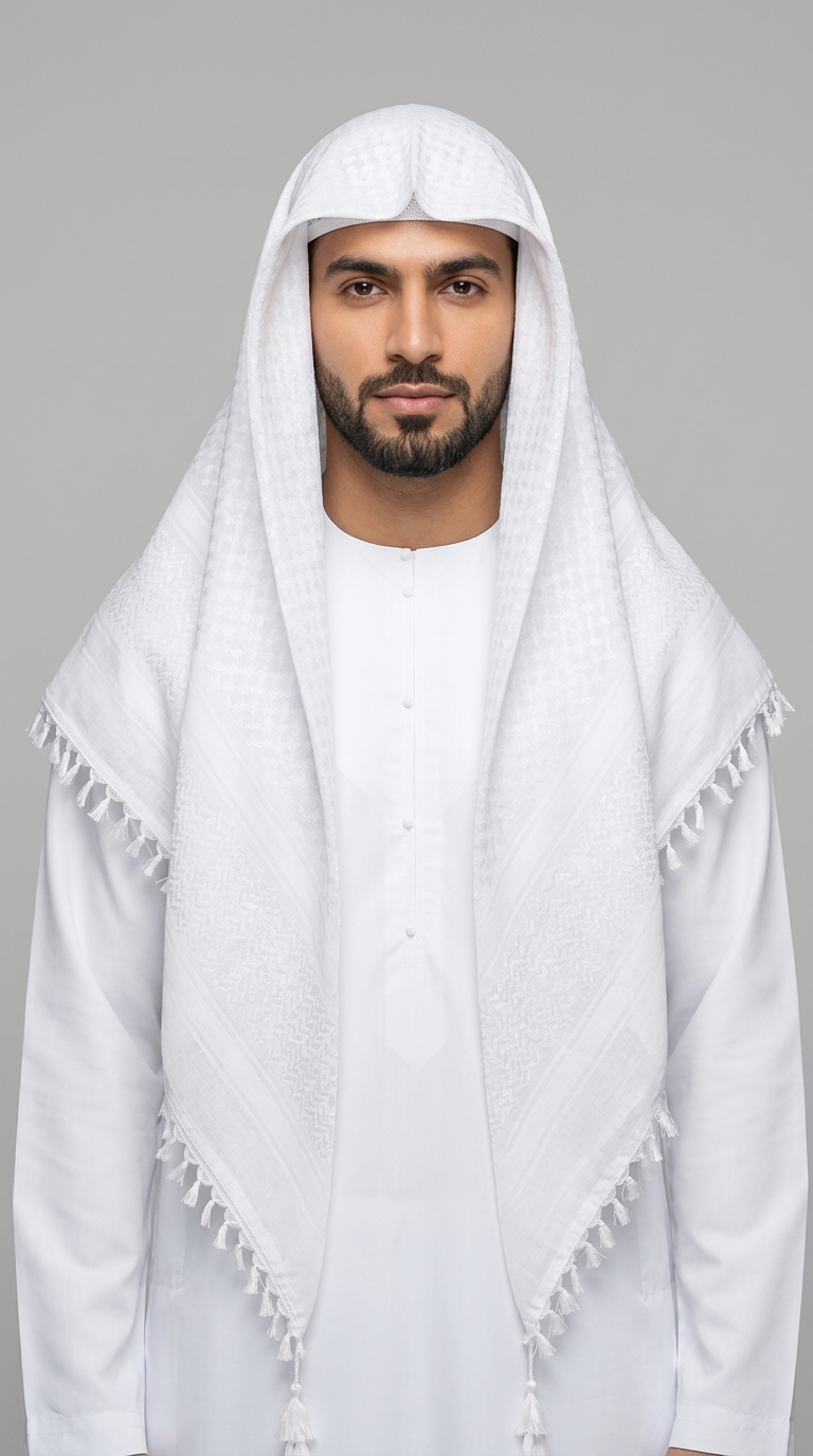 Front view of a man wearing a white kafiya scarf