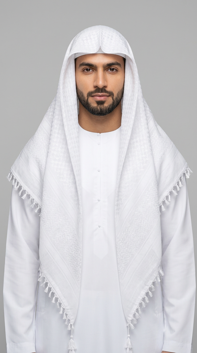 Front view of a man wearing a white kafiya scarf