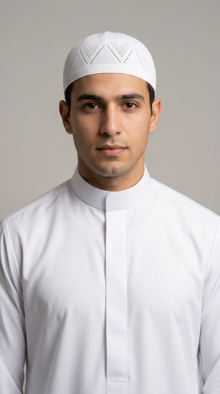 Man wearing a white topi prayer cap, front view