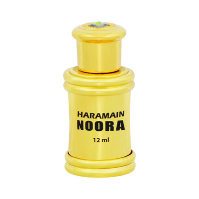 A small cylindrical gold bottle labeled 'HARAMAIN NOORA 12 ml' on a plain white background.