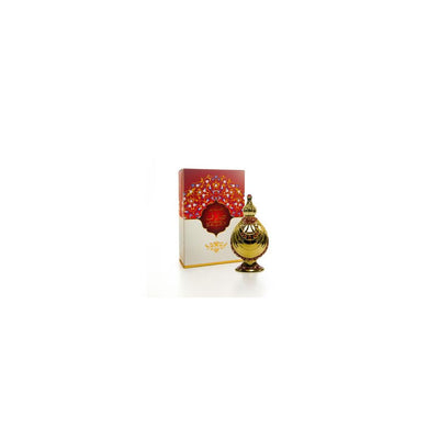 A small, ornate bottle of Haramain Sadaf perfume oil with a decorative box in the background.