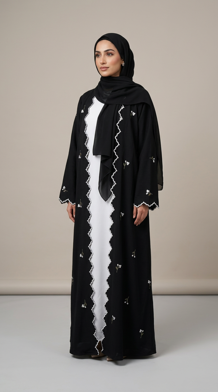 A woman modeling a black abaya with white scalloped trim and small embroidered details, worn over a white dress and paired with a black hijab, against a neutral beige studio background.