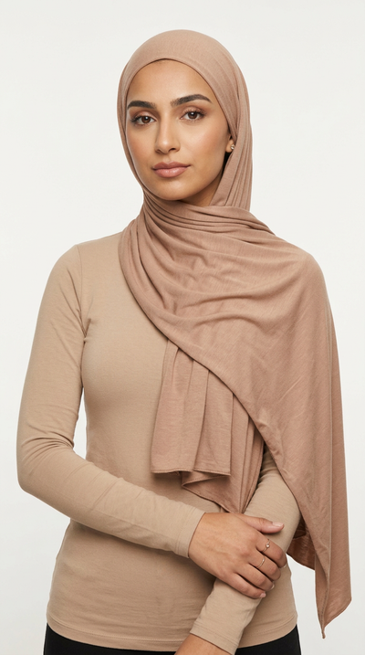 Model wearing a camel brown Premium Jersey Hijab