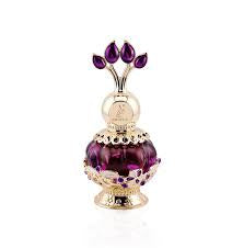 A purple perfume bottle with intricate gold detailing and a peacock feather design on the cap.