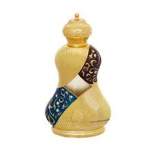 A perfume bottle with a gold body and blue ornamental details, topped with a gold cap.