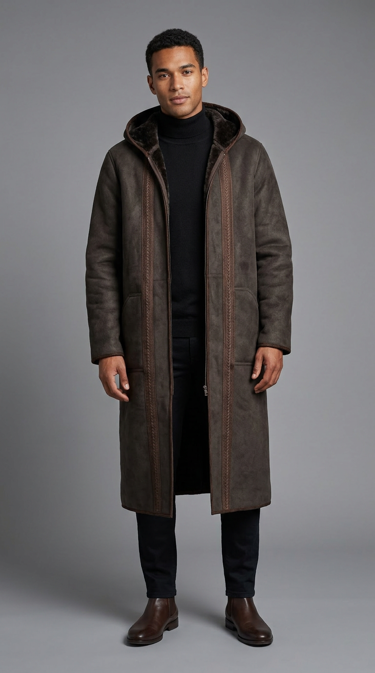 Model wearing a dark brown Farwa Half Zip Hoody with a long hooded silhouette