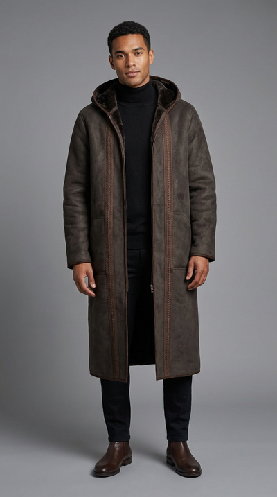 Model wearing a dark brown Farwa Half Zip Hoody with a long hooded silhouette