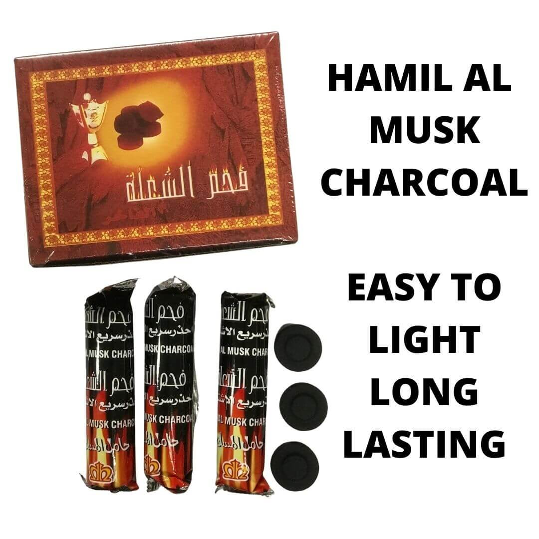 Hamil Al Musk Charcoal packaging with text highlighting features on a white background