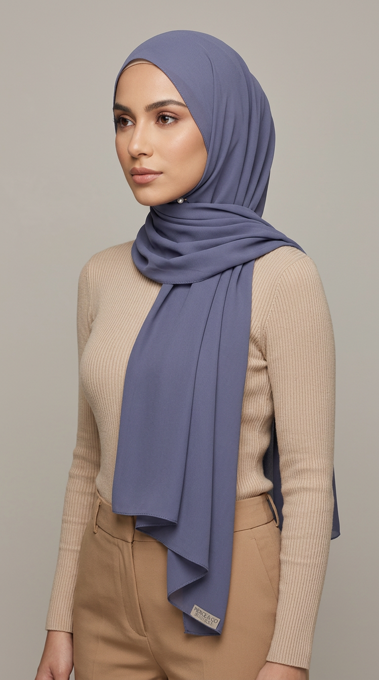 Model wearing the Pewter Premium Chiffon Hijab, alternate styling view