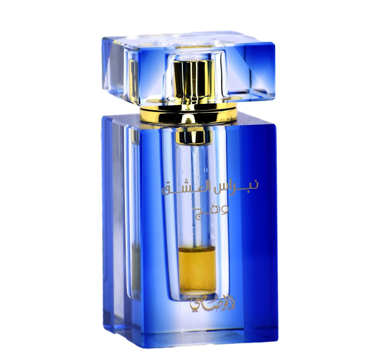 A blue glass bottle of Rasasi Wahaj perfume with a gold-colored cap.
