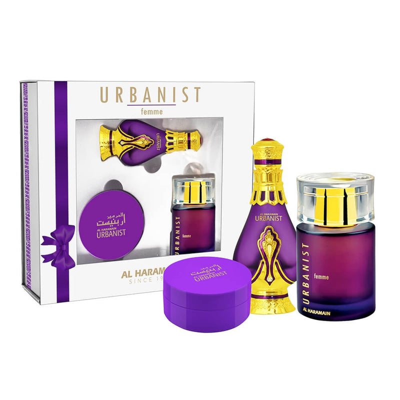 Haramain Urbanist Femme Giftset (Haramain Bukhoor 40gms, Concentrated Perfume Oil 20ml, Eau De Parfum 100ml)