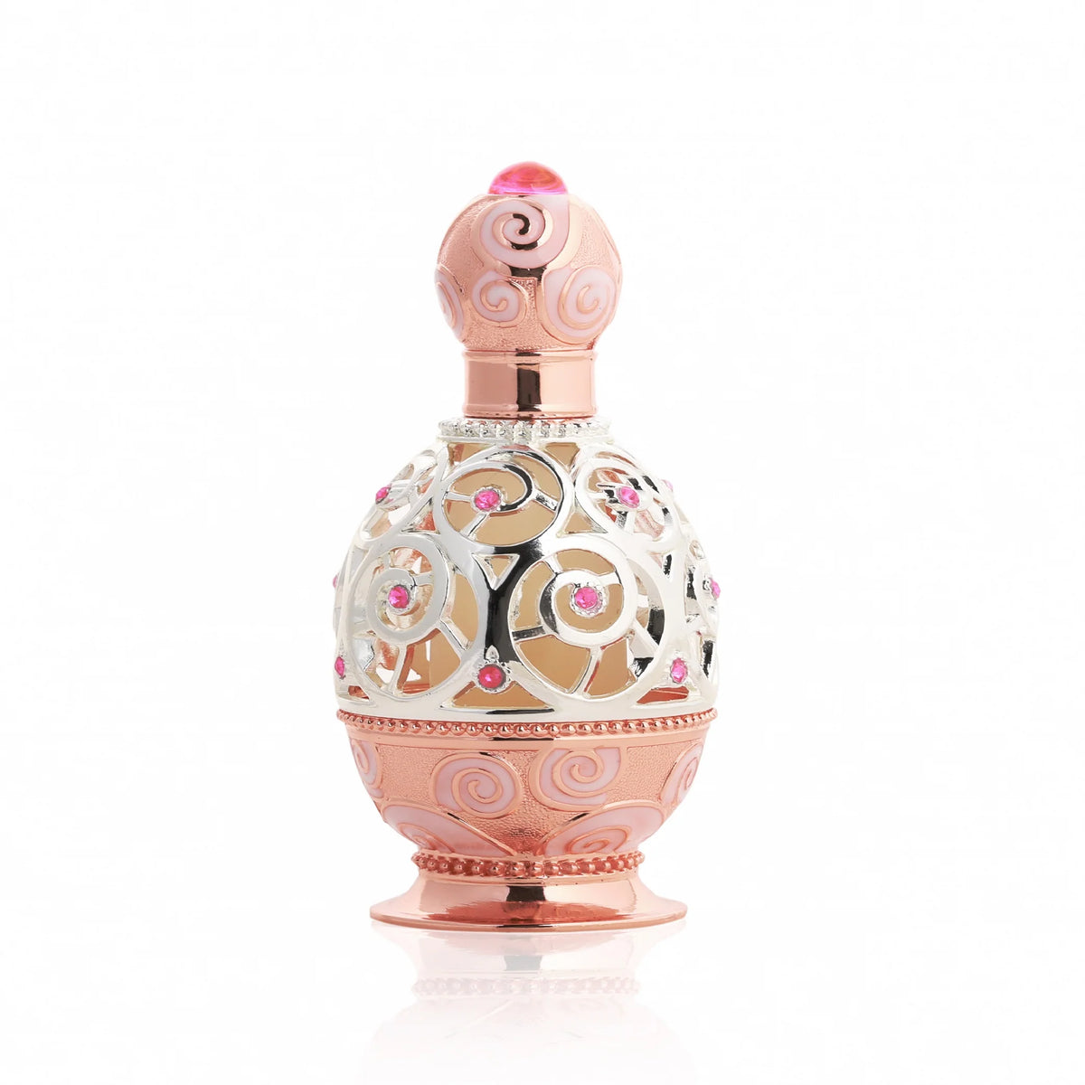 A rose gold-colored perfume bottle with intricate designs and pink accents on the label.