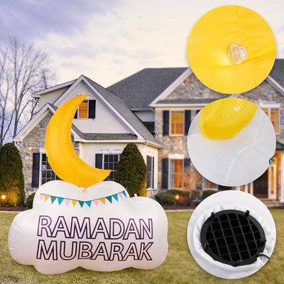 An inflatable decoration with a white base that has 'RAMADAN MUBARAK' and a yellow crescent moon and star on top, with a black grid pattern on the side.